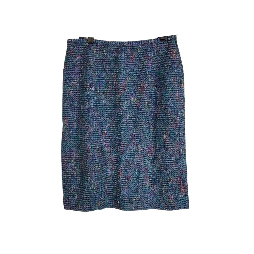 Jaeger Designer Vintage Teal & Rainbow Colored Tweed Wool Blend Pencil Skirt